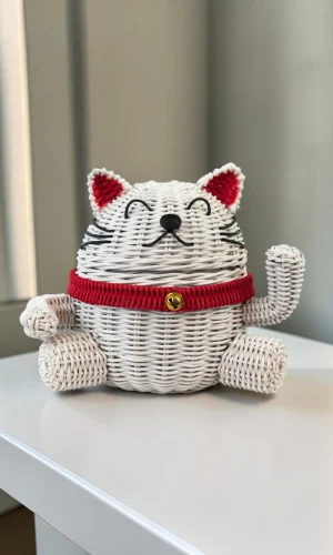 Artisan Wood Decor Handwoven Rattan Cat Storage Basket with Lid