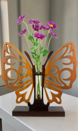 Artisan Wood Decor Hand-Carved Wooden Butterfly Decorative Vase with Leak-Proof Glass Insert for Floral Arrangements, 16-Inch