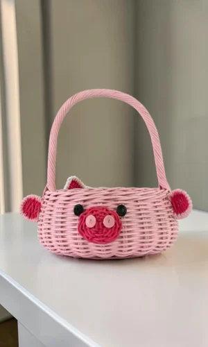 Artisan Wood Decor Hand Woven Rattan Piggy Storage Basket