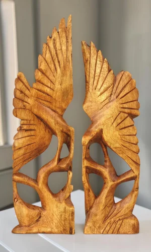 Artisan Wood Decor Handcrafted Wooden Heron Bird Statue Set