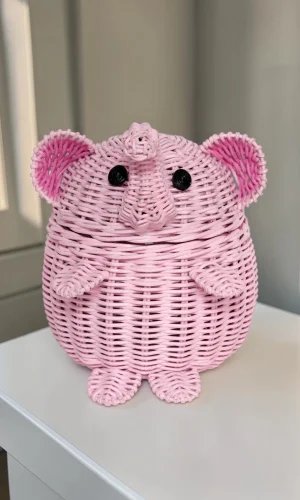 Artisan Wood Decor Handwoven Rattan Elephant Storage Basket with Lid