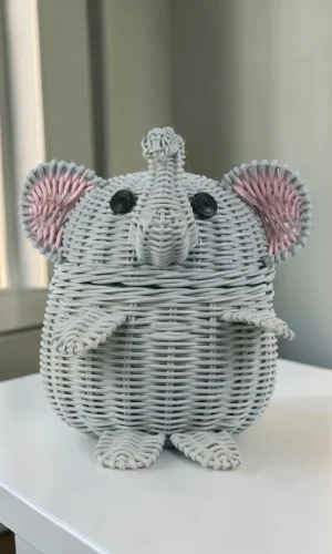 Artisan Wood Decor Handwoven Rattan Elephant Storage Basket with Lid