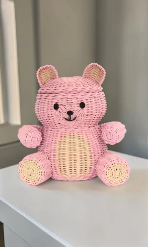 Artisan Wood Decor Hand-Woven Rattan Teddy Bear Storage Basket with Lid
