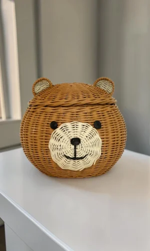 Artisan Wood Decor Handwoven Rattan Bear Storage Basket with Lid