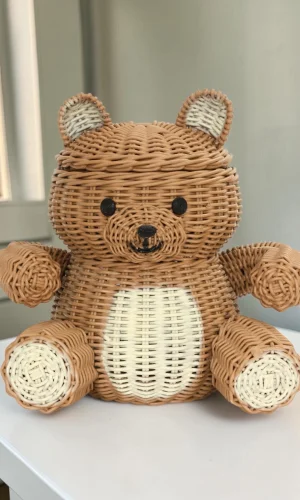 Artisan Wood Decor Cute Bear Rattan Storage Basket