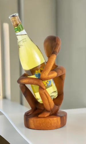 Artisan Wood Decor Hand-Carved Wooden Abstract Thinker Wine Bottle Holder, 12-Inch