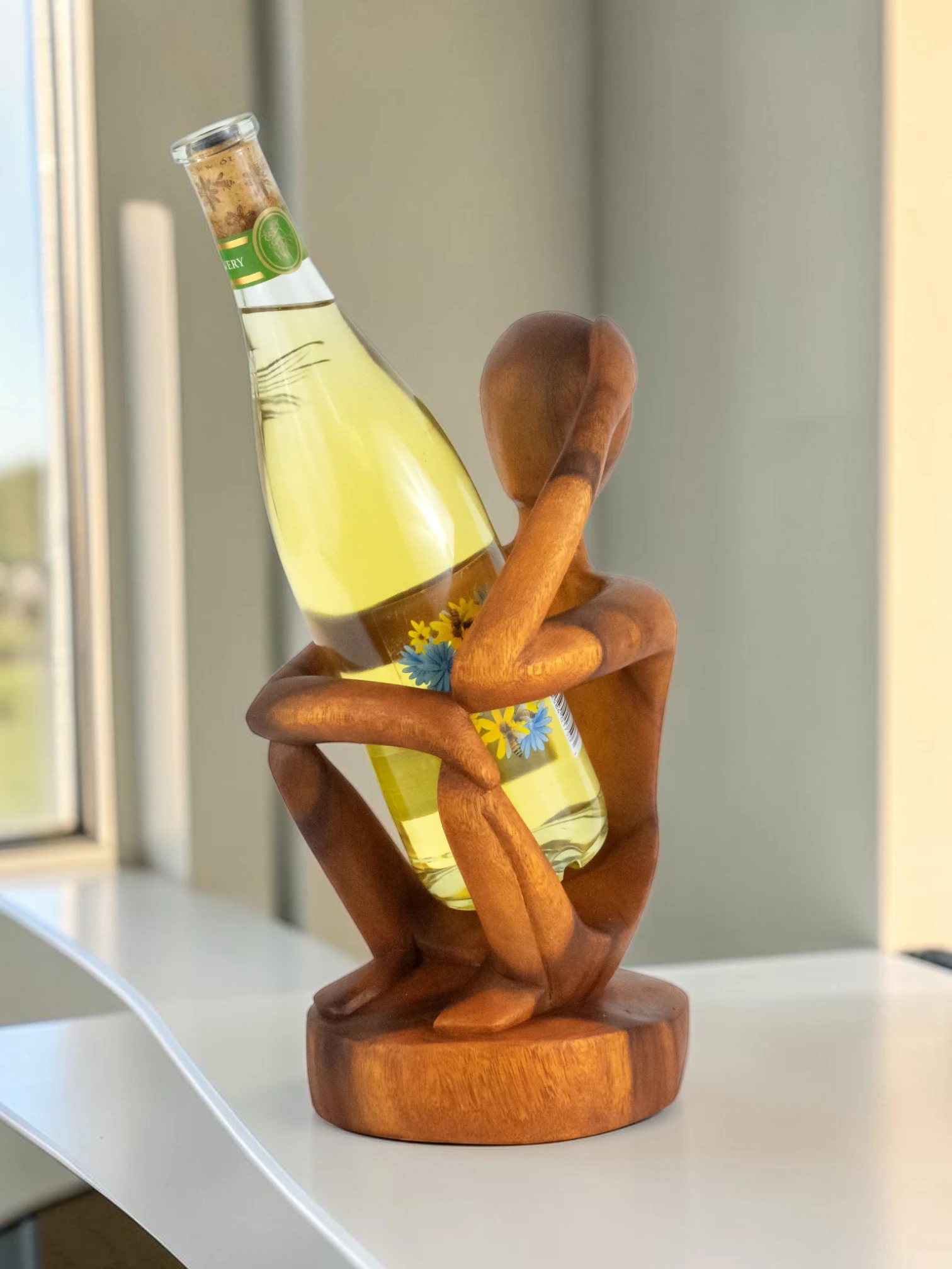 Artisan Wood Decor Hand-Carved Wooden Abstract Thinker Wine Bottle Holder, 12-Inch