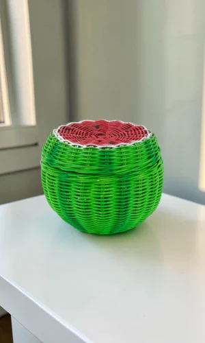 Artisan Wood Decor Handwoven Watermelon Rattan Storage Basket with Lid