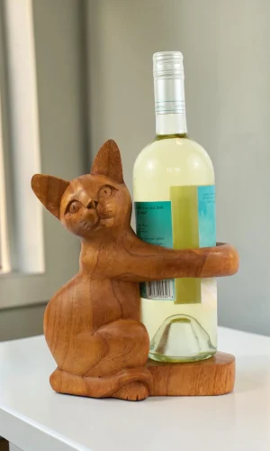 Artisan Wood Decor Handcrafted Suar Wood Siamese Cat Wine Bottle Holder