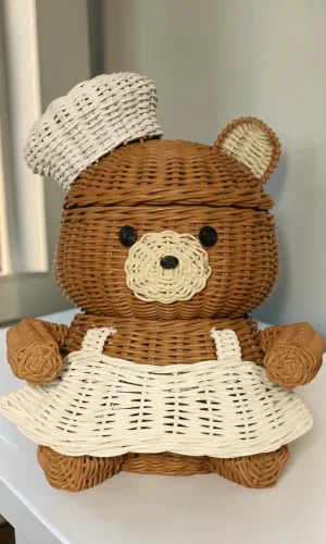 Artisan Wood Decor Handwoven Rattan Bear Storage Basket with Lid