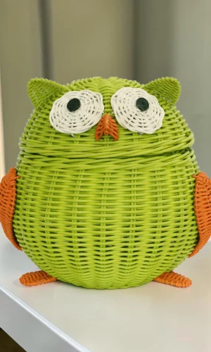 Artisan Wood Decor Handwoven Rattan Owl Storage Basket with Lid