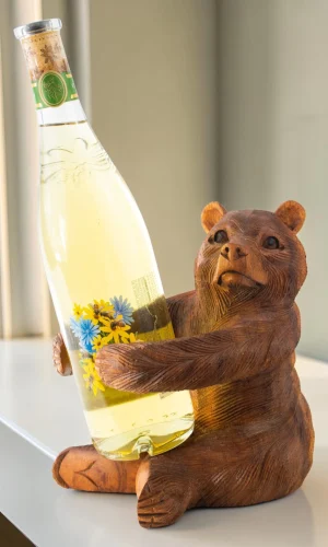 Artisan Wood Decor Hand Carved Grizzly Bear Wine Bottle Holder