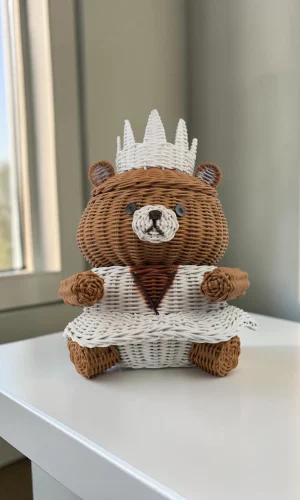 Artisan Wood Decor Handwoven Rattan Princess Bear Storage Basket
