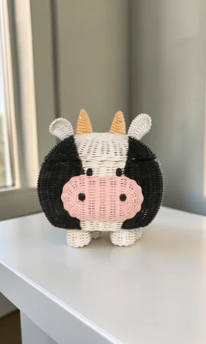 Artisan Wood Decor Handwoven Cow Rattan Storage Basket with Lid