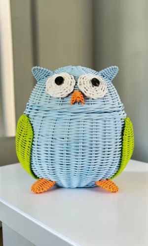Artisan Wood Decor Handwoven Rattan Owl Storage Basket with Lid