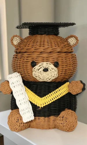 Artisan Wood Decor Handwoven Rattan Graduation Bear Storage Basket