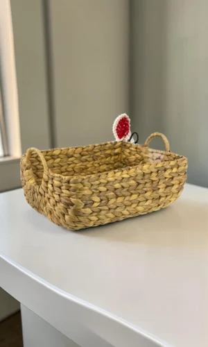 Artisan Wood Decor Handwoven Water Hyacinth Storage Basket, 15 x 10 x 6 Inch