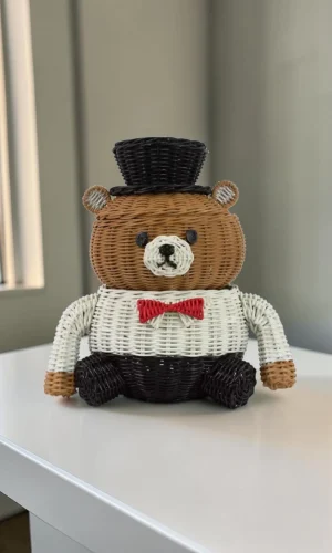 Artisan Wood Decor Hand Woven Rattan Prince Bear Storage Basket