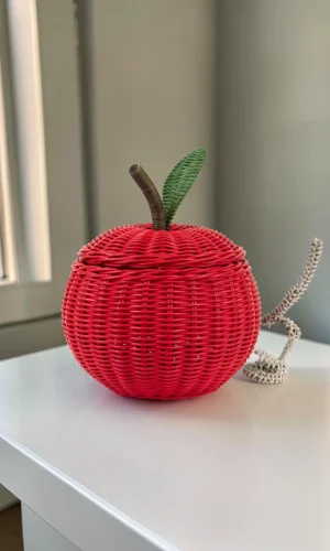 Artisan Wood Decor Hand Woven Apple Rattan Storage Basket with Lid