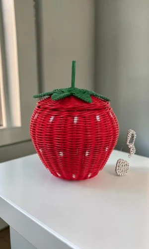 Artisan Wood Decor Hand Woven Strawberry Rattan Storage Basket with Lid