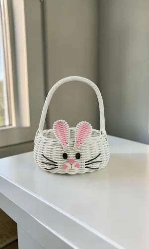 Artisan Wood Decor Hand Woven Rattan Bunny Basket for Flower Girl